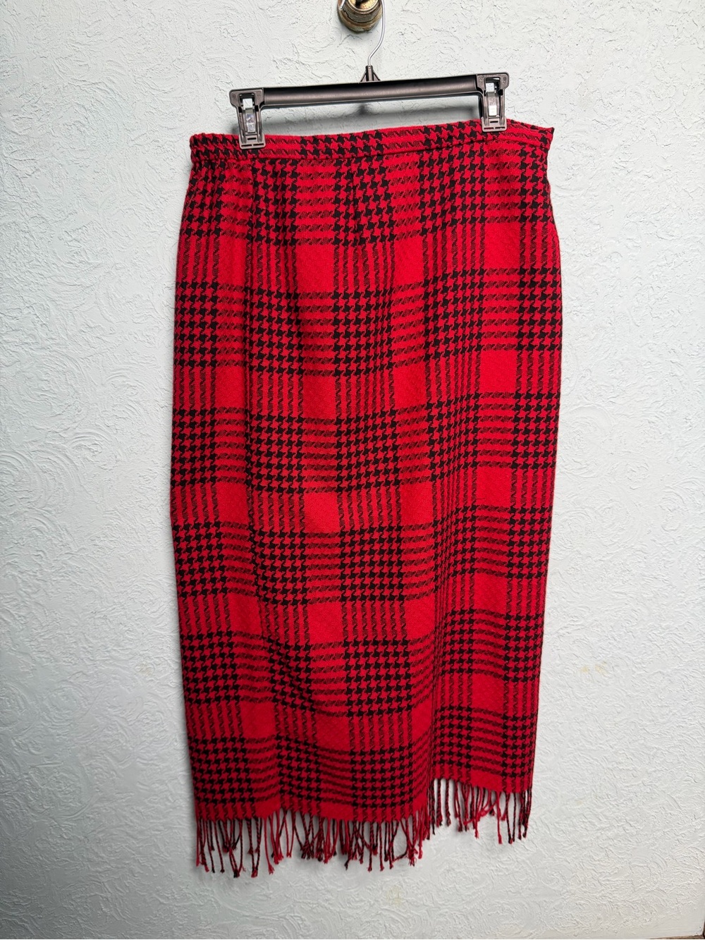Anthropologie Red and Black Plaid Fringe Midi Skirt